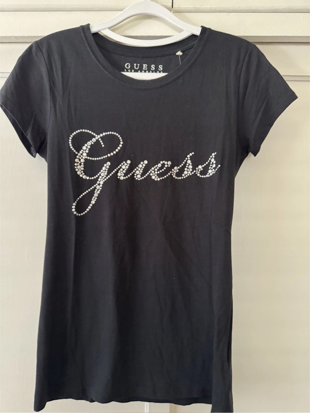 GUESS Black Short Sleeve Tee with Crystal Script Logo